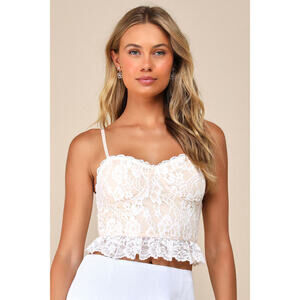 Lulus Sensationally Flirty White And Beige Lace Bustier Cami Top - Size L